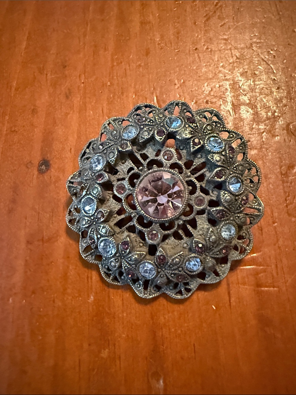 Antique-Style Pink Crystal Filigree Accent Brooch